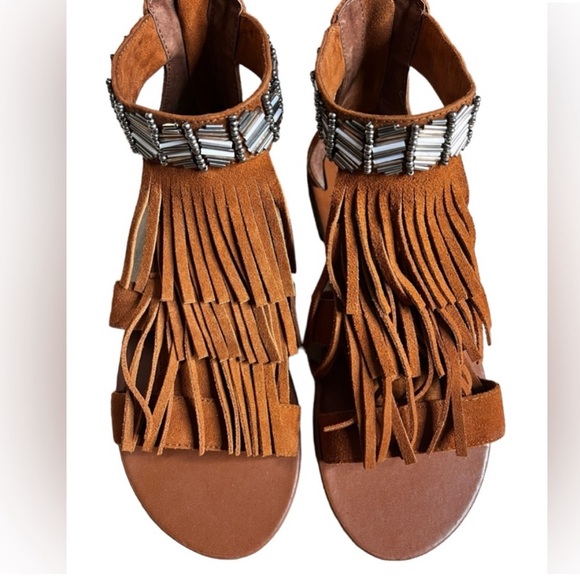 Steve Madden Shoes - Steve Madden Giaani Brown Fringe Beaded Gladiator Zip Sandals Women's Size 8.5
